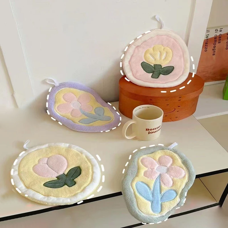 [MOA]Kawaii Coral Velvet Tulip Hand Towel Soft Kitchen Absorbent Cleaning Cloth Cute Hanging Towels Bathroom Hand Cloth For Kids