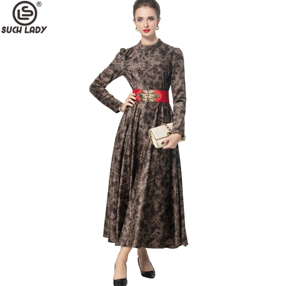 

Women's Dresses Stand Collar Long Sleeves Printed Piping Elegant Maxi Designer Vestidos