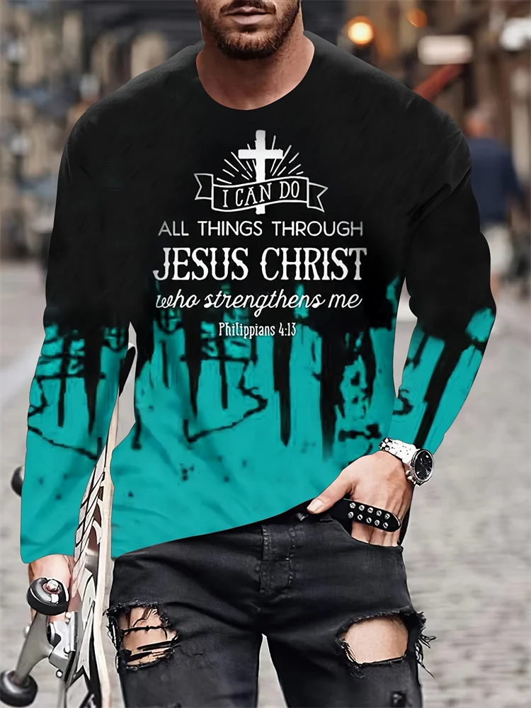 Men's Jesus Christ Long Sleeve T-Shirt Philippians 4:13 Bible Verse Christian Graphic Tee Black Teal Streetwear Pullover Tops