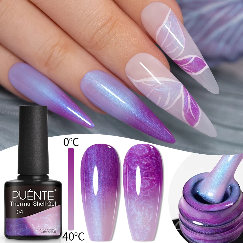 PUENTE 7.5ML Thermal Gel Nail Polish Temperature Color-Changing Glitter Shell Tread Nail Gel Soak Off UV Semi-Permanent Varnish
