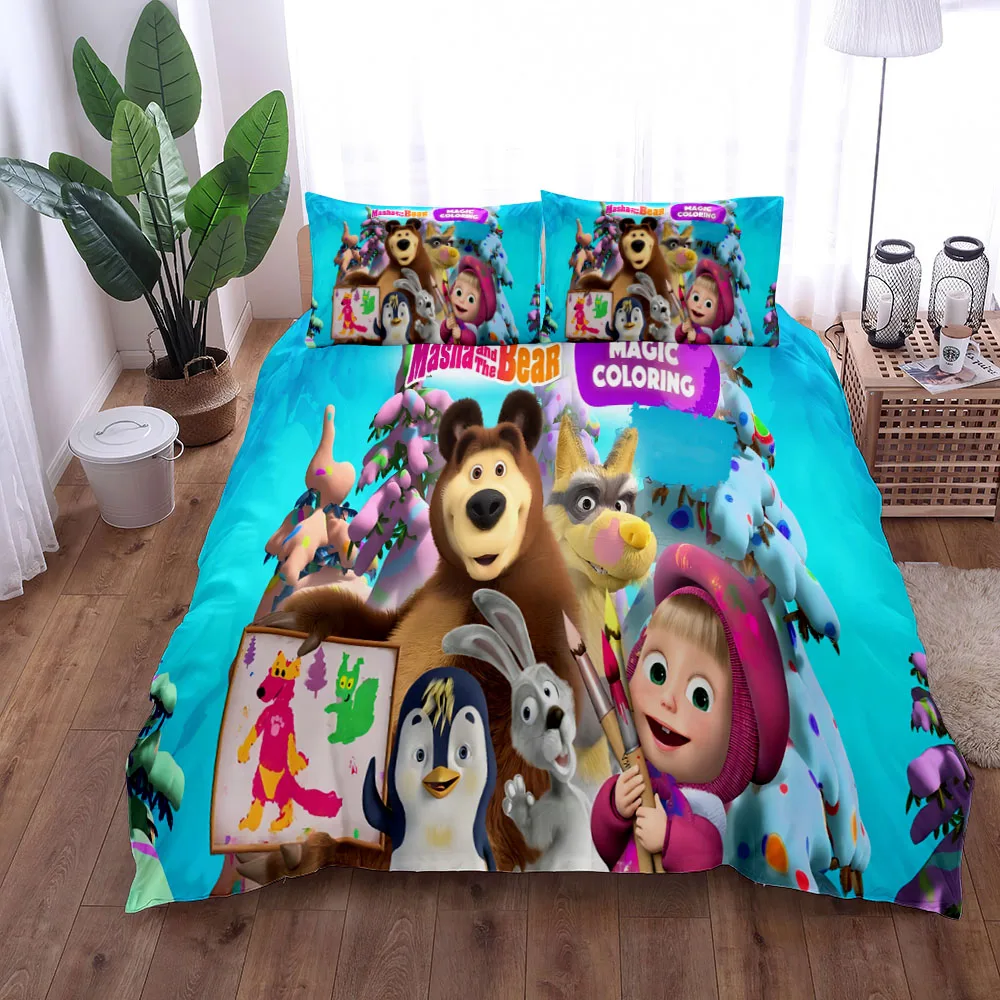 Masha Cartoon Duvet Cover Set without sheet King Queen Double Full Twin Single Size Bed Linen Set