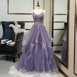 DSP A Line Strap Tulle Prom Dresses with Appliques Deep V Neck Graduation Party Dress Special Occasion Dress Evening Gown