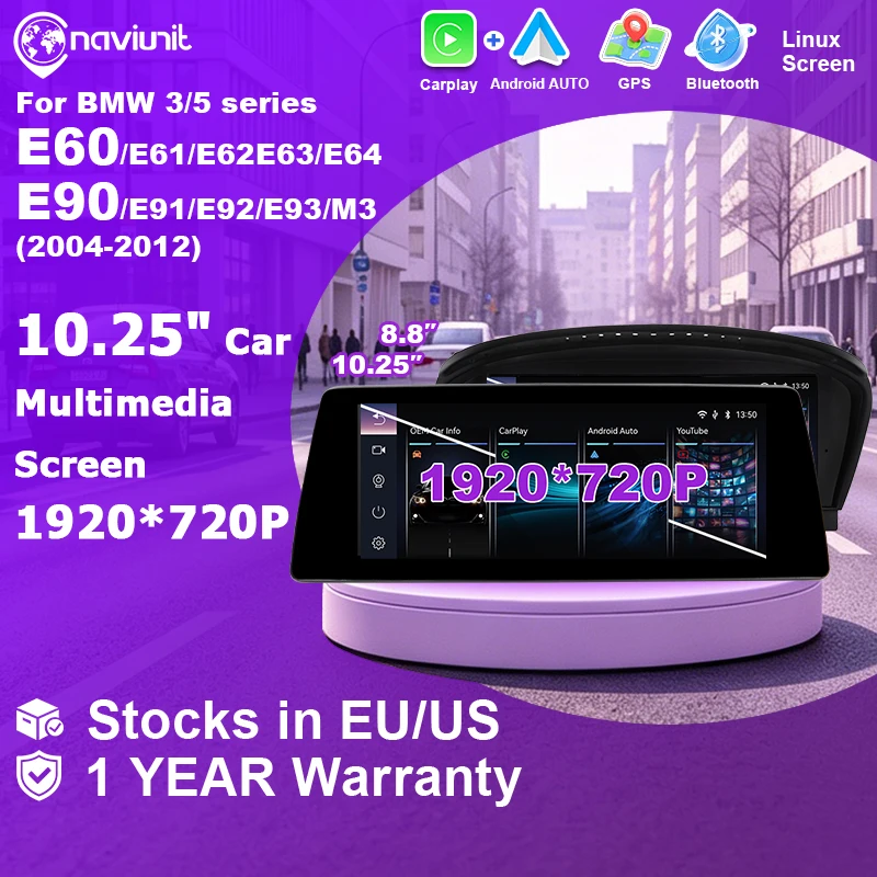 Naviunit 1920*720P Bildschirm Linux-System Android Auto Autoradio Kabelloses Carplay Stereo für BMW 3/5er Serie E60 E61 E63 E64 E90 E91 M3 CIC CCC AUX 2004-2012 Bluetooth Autoradio Navigation Airplay