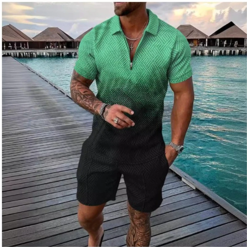 

Men's Suit Golf Shirts Shorts Two pieces Sets Summer Lapel Blocking Zipper Europe America Sports Casual Suits for Men Clothes