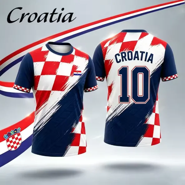 Croatia No.10 Fan Football Jersey, Men Quick Dry Breathable Short Sleeve Tee, Red White Checkered Flag Print Sport Supporter Top