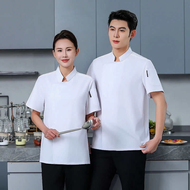 Pantaloncini da cuoco da cucina Cappotto da cuoco traspirante Giacca da ristorante a maniche corte Estate Uomo Nero Uniforme da cuoco Grembiule Abiti da lavoro Logo