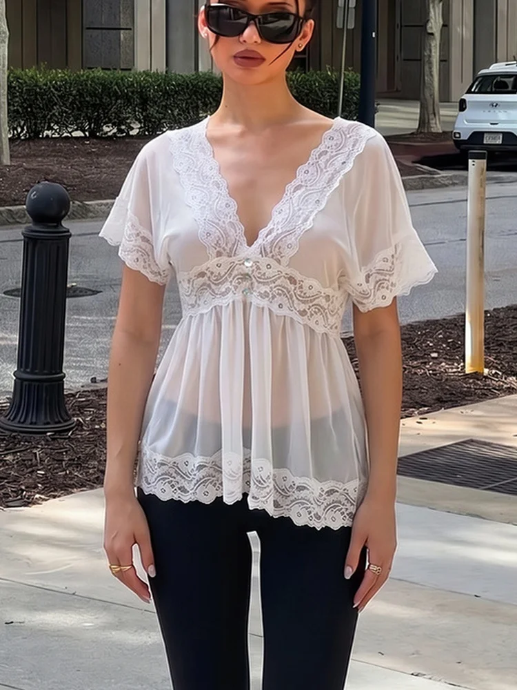 Tossy Lace Peplum Top V Neck Short Sleeve Sheer Mesh Empire Waist Daily Casual Date Night Cocktail Vacation Lace Trim Flared Top