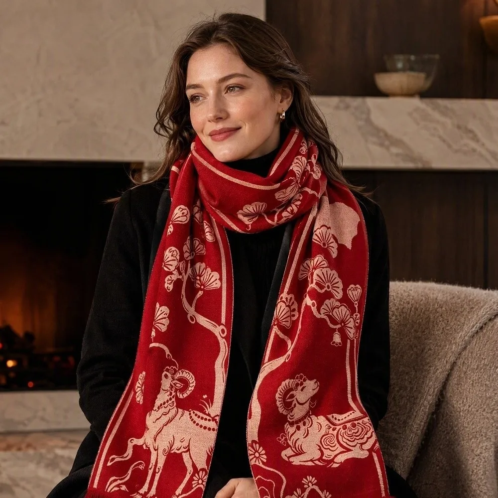 Lamb Cartoon Shape Chinese New Year Sheep Long Scarf Polyester Outdoor Red Long Shawl Soft Thicken Winter Cashmere Scarves
