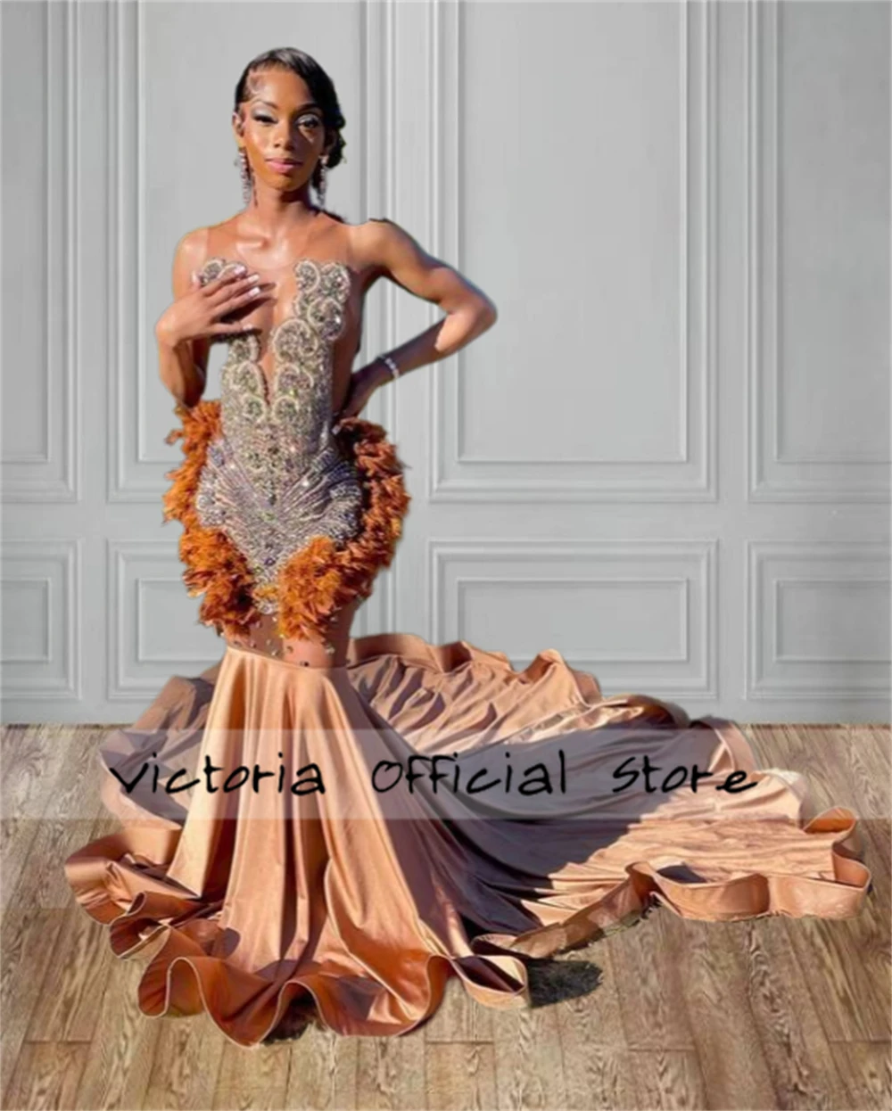 Brown Feathers Prom Dresses Beaded Rhinestones Long Mermaid Elegant Evening Party Dress For Black Girls robe soiree Customized