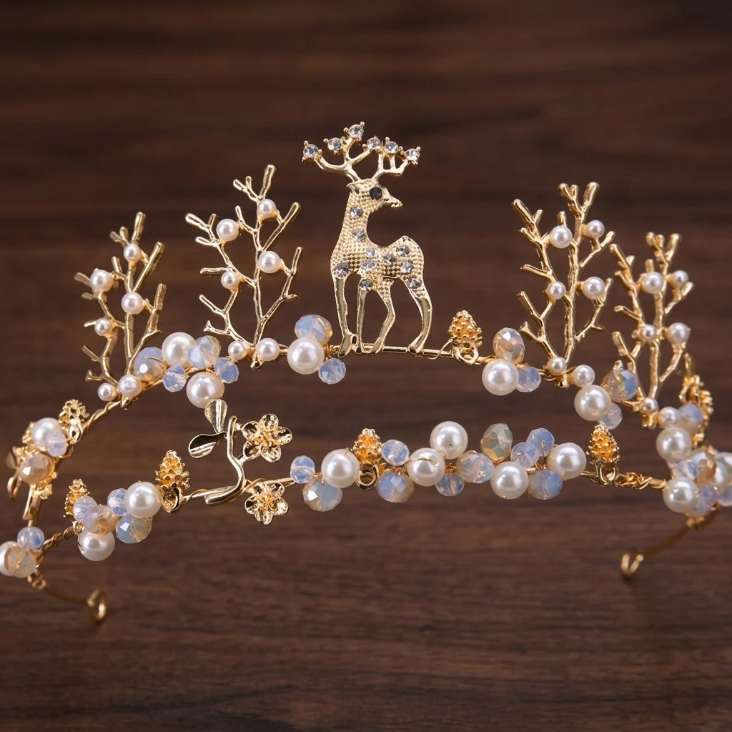 Princess Crown Elegant Birthday Party for Girls Beads Deer Headband Flower Hair Accessories Kids Performance Hairbands Ornaments view 5
