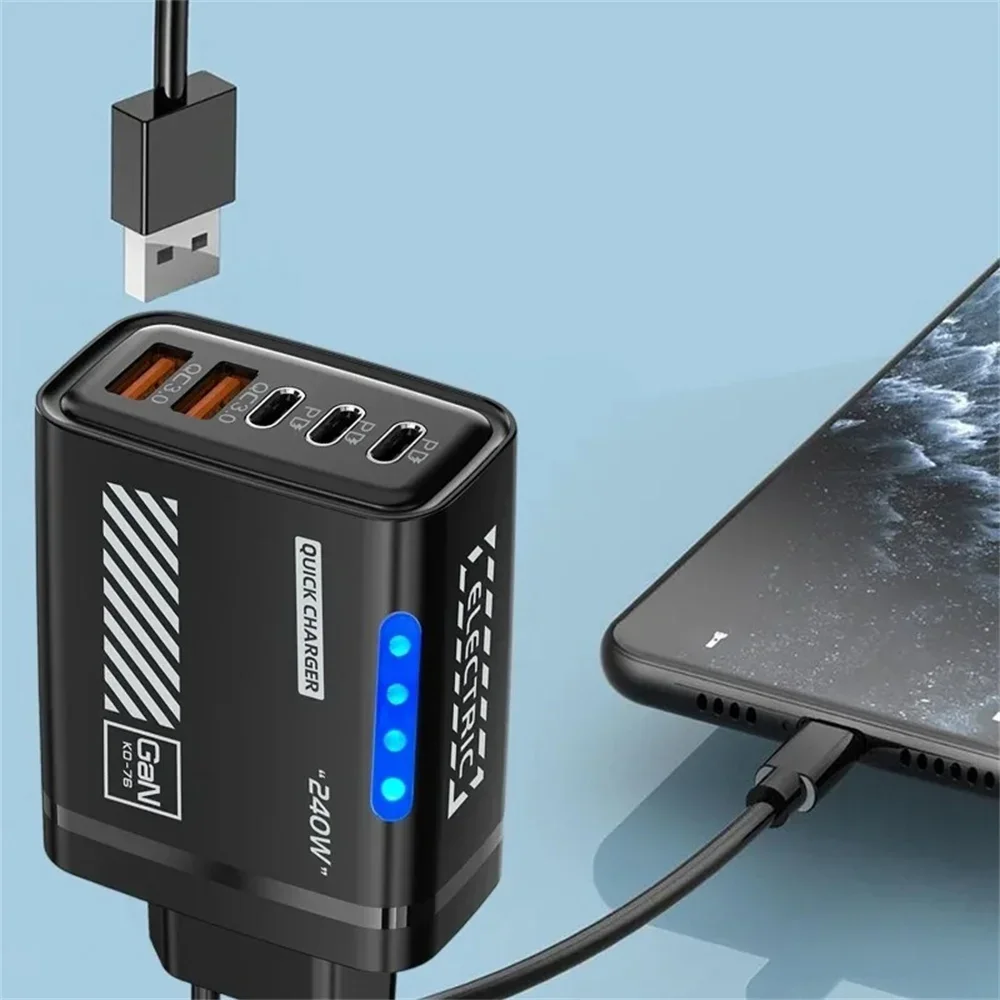 240W GaN 5 in 1 Desktop Charger USB C PD QC 3.0 Fast Charging Charger For MacBook iPhone 17 16 15 Pro Samsung Xiaomi EU US Plug