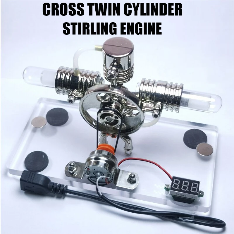 

Teslin Engine Cross Double Cylinder Metal Monitor Steam Engine Model Suitable for Science Experiment Game Toy Social Game