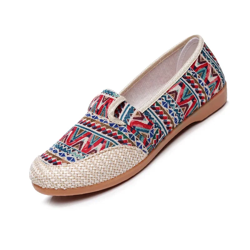 Summer Ladies Casual Comfort Bohemian Slip On Lazy Shoes Female Womens Flat Slip On Canvas Strap Loafers Straw Espadrilles
