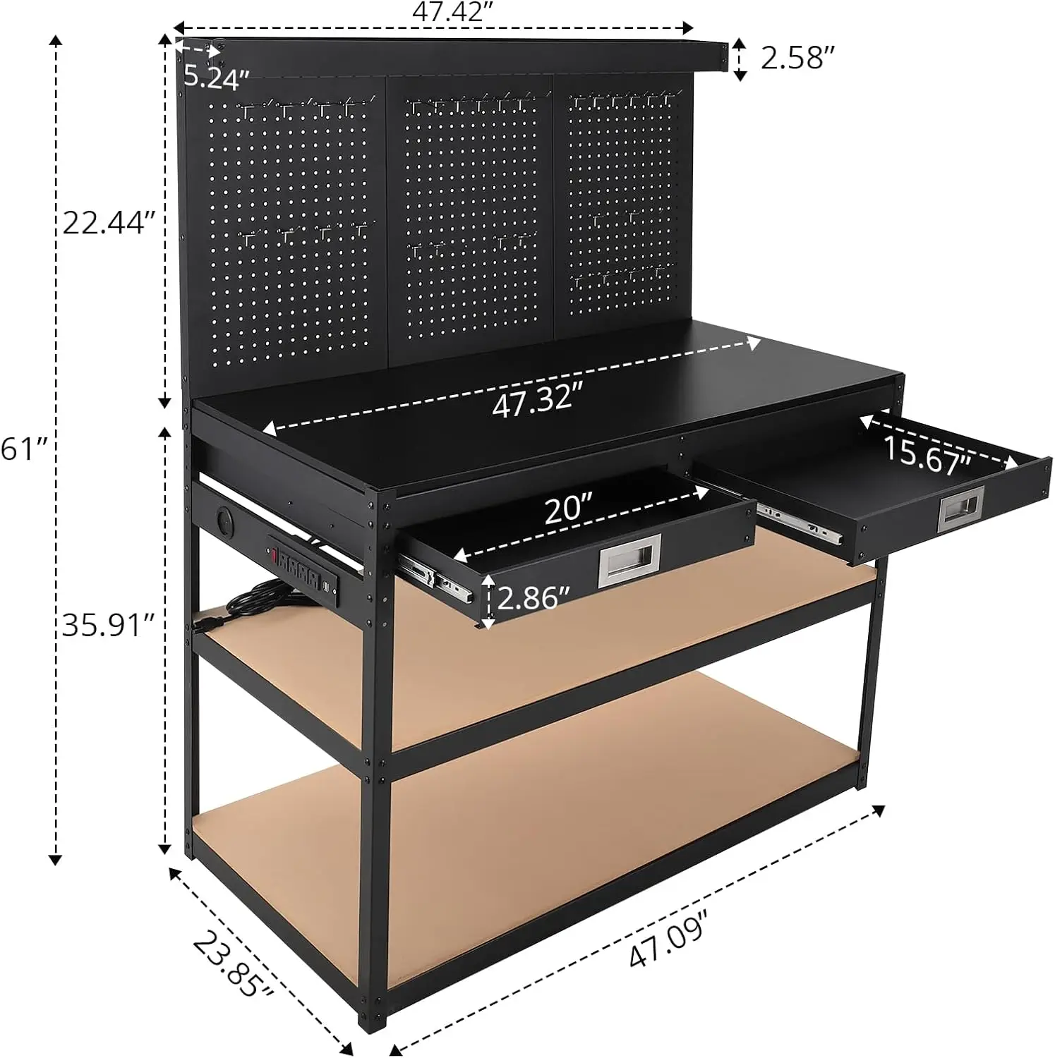 ガレージ用の頑丈なスチールワークベンチ,コンセント付きワークショップ,2つの引き出しと3レベルのペグボード,0.4の耐久性