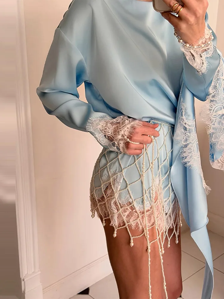 Women 2 Piece Set O Neck Full Sleeves Lace Cuffs Long Tunic Top Pearl Mesh Body Skirt Chain Suit Elegant Party Vacation Outfits