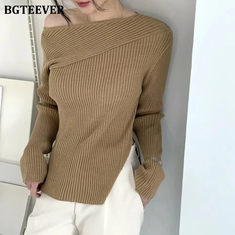 

BGTEEVER Casual Slash Neck Sweaters Pullovers Women Long Sleeve Side Split Female Skinny Knitted Jumpers Autumn Knitwear