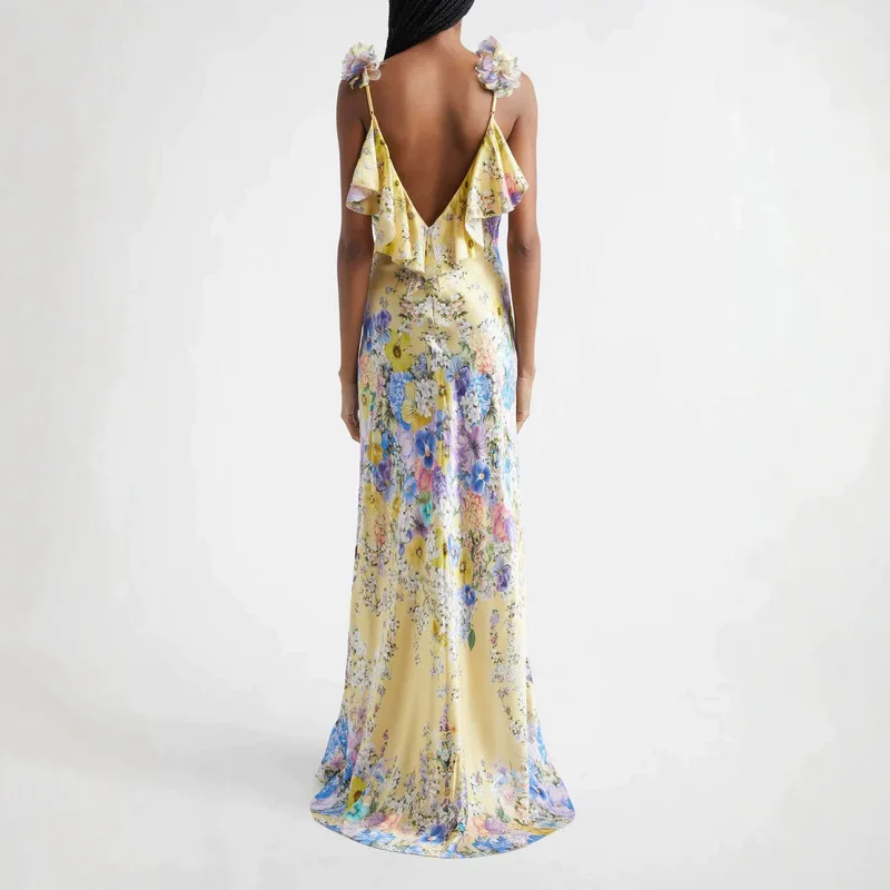 100% Silk Floral Print Sleeveless Sling Maxi Dress for Women Elegant Deep V Neck Backless Sexy Club Party Long Dress