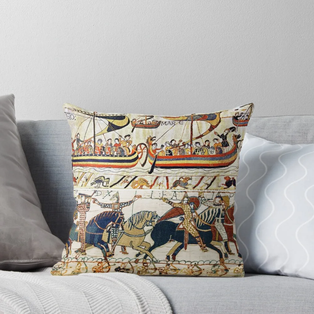 THE BAYEUX TAPESTRY ,BATTLE OF HASTINGS ,NORMAN KNIGHTS HORSEBACK, ARCHERS AND VIKING SHIPS Throw Pillow