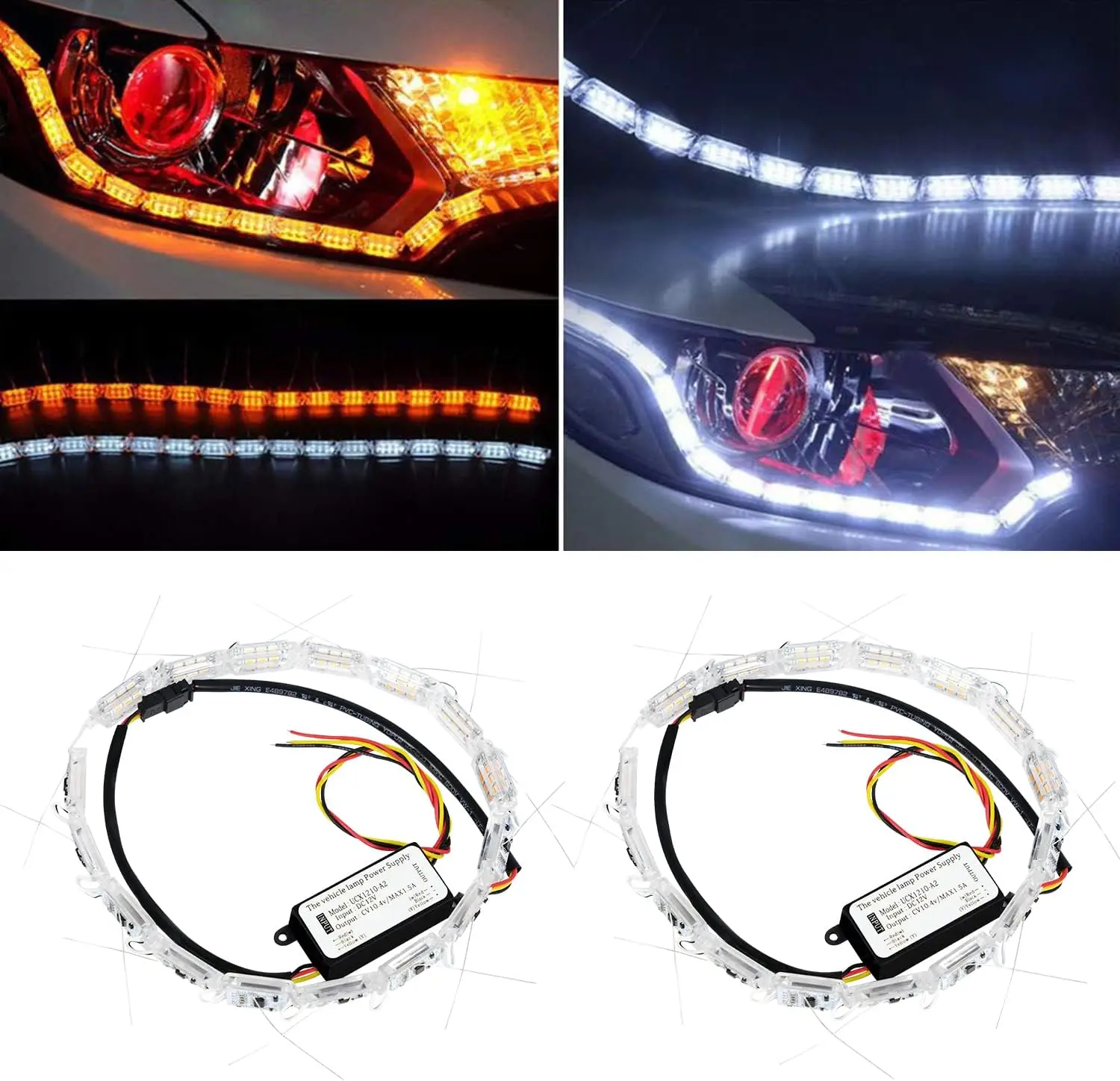 

2 Pcs Dynamic LED Daytime Running Light Strip For Car Universal Auto Headlight Flowing White Yellow Strips Decorative Light 12V