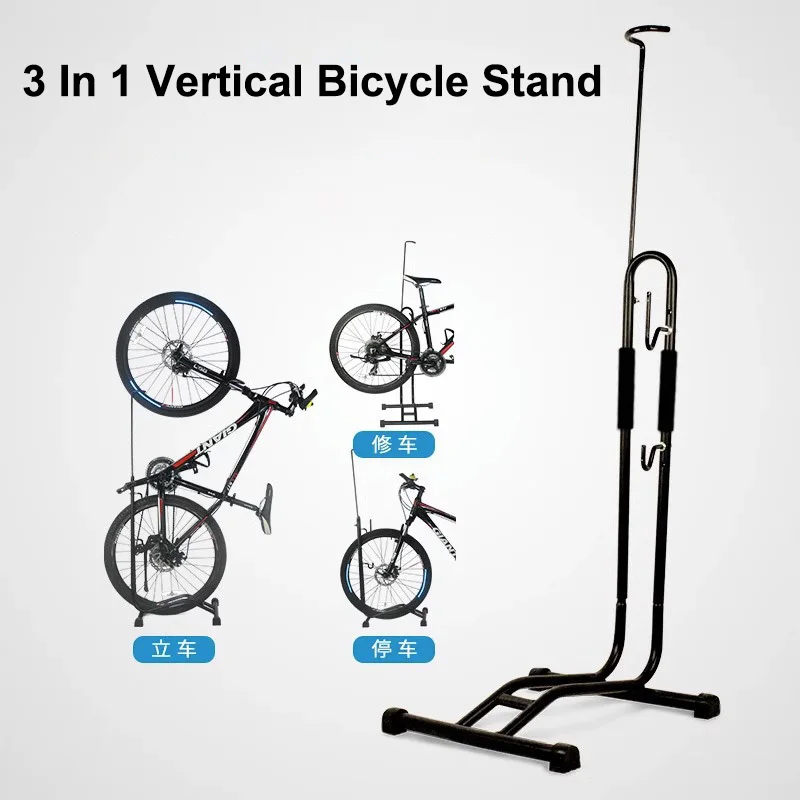 Support de vélo vertical 3-en-1 pour stationnement au sol, rangement intérieur de garage, support de roue stable et support de réparation pour VTT
