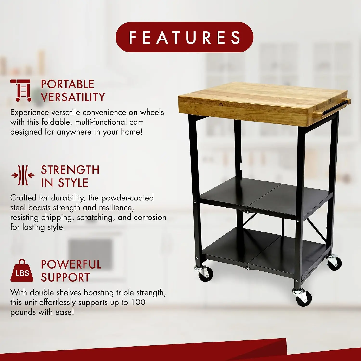 Steel Kitchen Cart with Wheels 3-Tier Shelves 200 lbs Foldable Rolling Island Portable Indoor & Outdoor, Customized