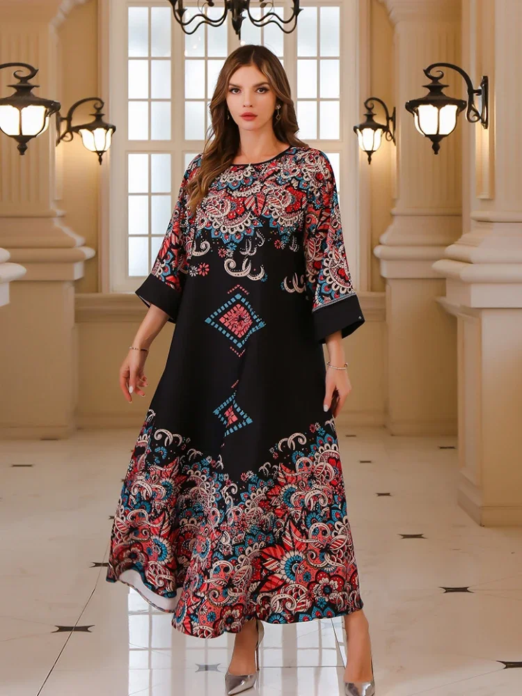 Eid Muslim Print Party Dress for Women Ramadan Abaya Long Dress Morocco Kaftan Vestidos Largos Dubai Turkey Robe Jalabiya 2024