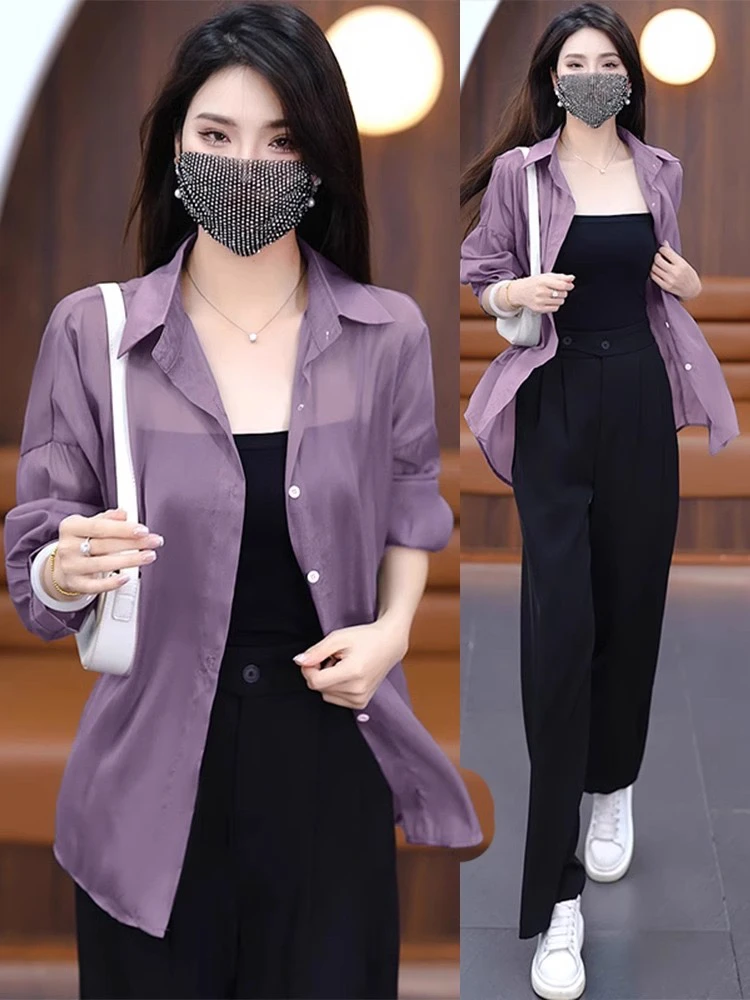 

New 2025 Women's Ultra-Smooth Loose Sun Protection irt Pearl Silk Ice Sensation Casual Outerwear Long Sve Collar