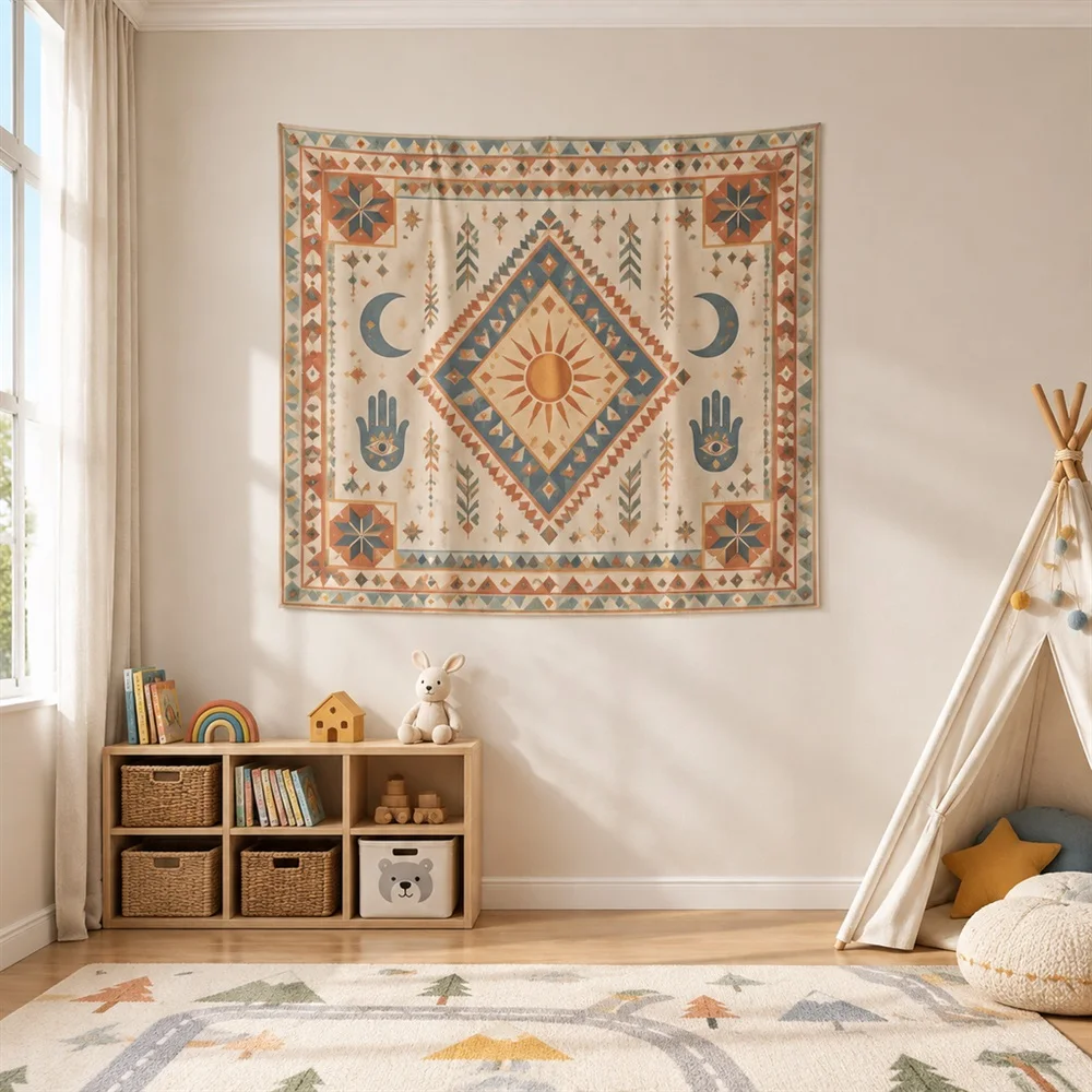 VIKAMA Diamond Mandala Tapestry Corner Motif Tapestry Wall Hanging, Bohemian Wall Decor Tapestries for Bedroom Nursery Kids Room