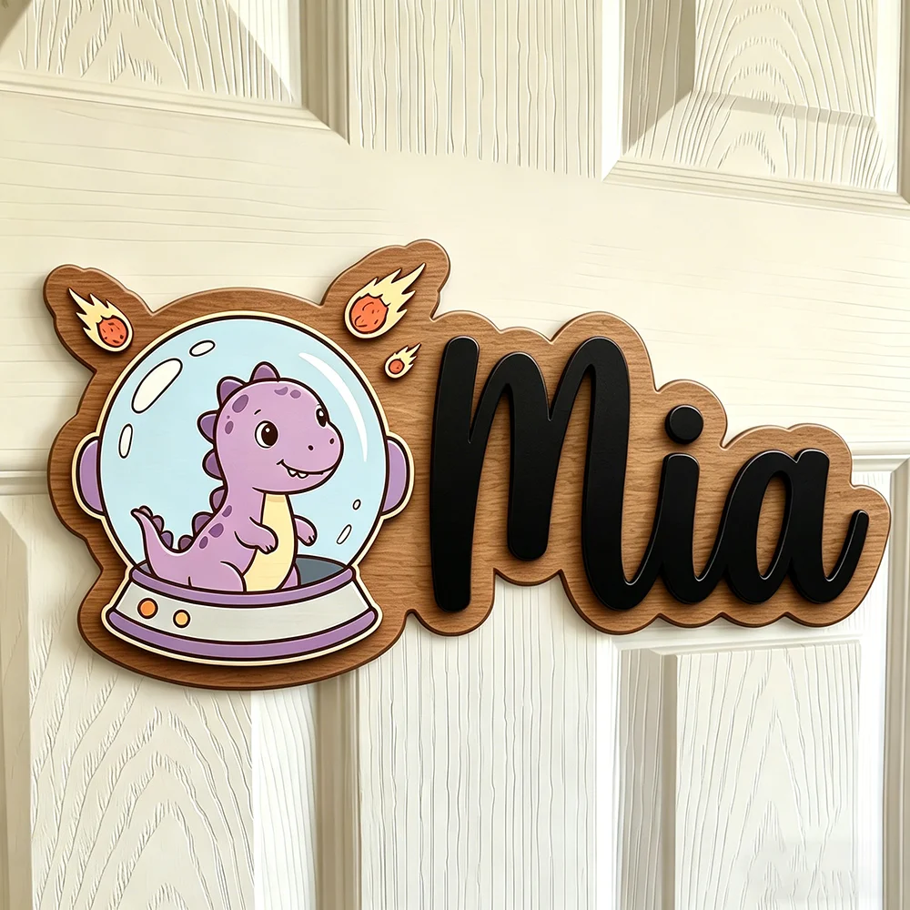 Custom Cosmic Purple Dinosaur Name Plaque, Wooden Kids Room Decor with Spaceship, Personalized Name Sign for Boys Girls Nursery