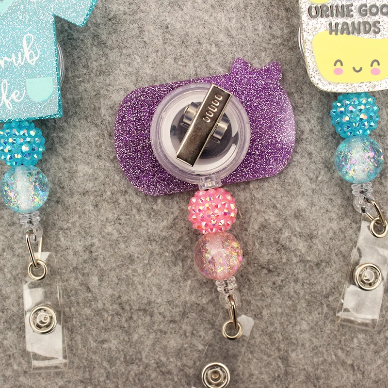 Creative Medical Style Shiny Beads Badge Reel Nurse Doctor ID Holder Girl Boy Retractable Name Card Holder Accessory