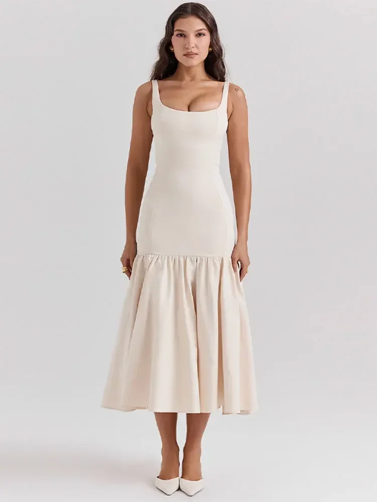 فستان نسائي أنيق مكشكش بحمالة ميدي وياقة مربعة بدون أكمام فساتين لربيع وصيف موضة جديدة فستان نسائي ضيق