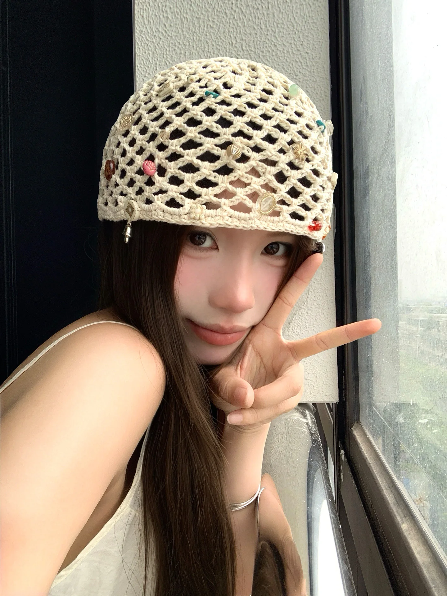 Hand Knitted Hollow out Knit Hat Women's Summer Thin Overhead Beaded Cap Casual Style round Top Non Adjustable Unisex Cap