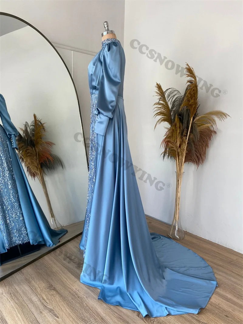 Appliques Beaded Muslim Evening Dresses Islamic Satin Long Sleeve Formal Party Gown Arabic Kaftan High Neck Hijab Robe De Soirée