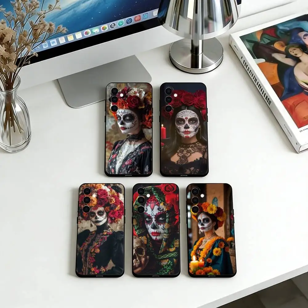 Day of the Dead Mexican Catrina Skull  Phone Case Black Silicone Soft For Samsung Galaxy A73,A72,A71,A70,A53,A52,A51