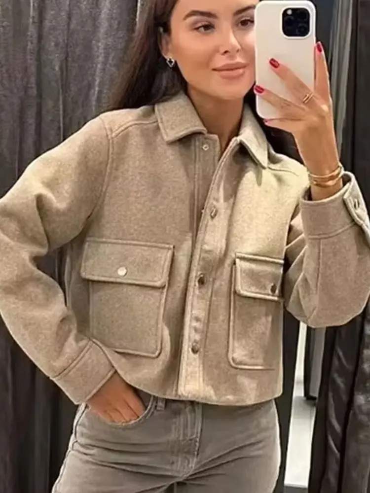 HH 2024 Autumn Winter Female Street Fashion Solid Jackets Causal With Pockets Button Down Turn Down Collar Elegant Coats