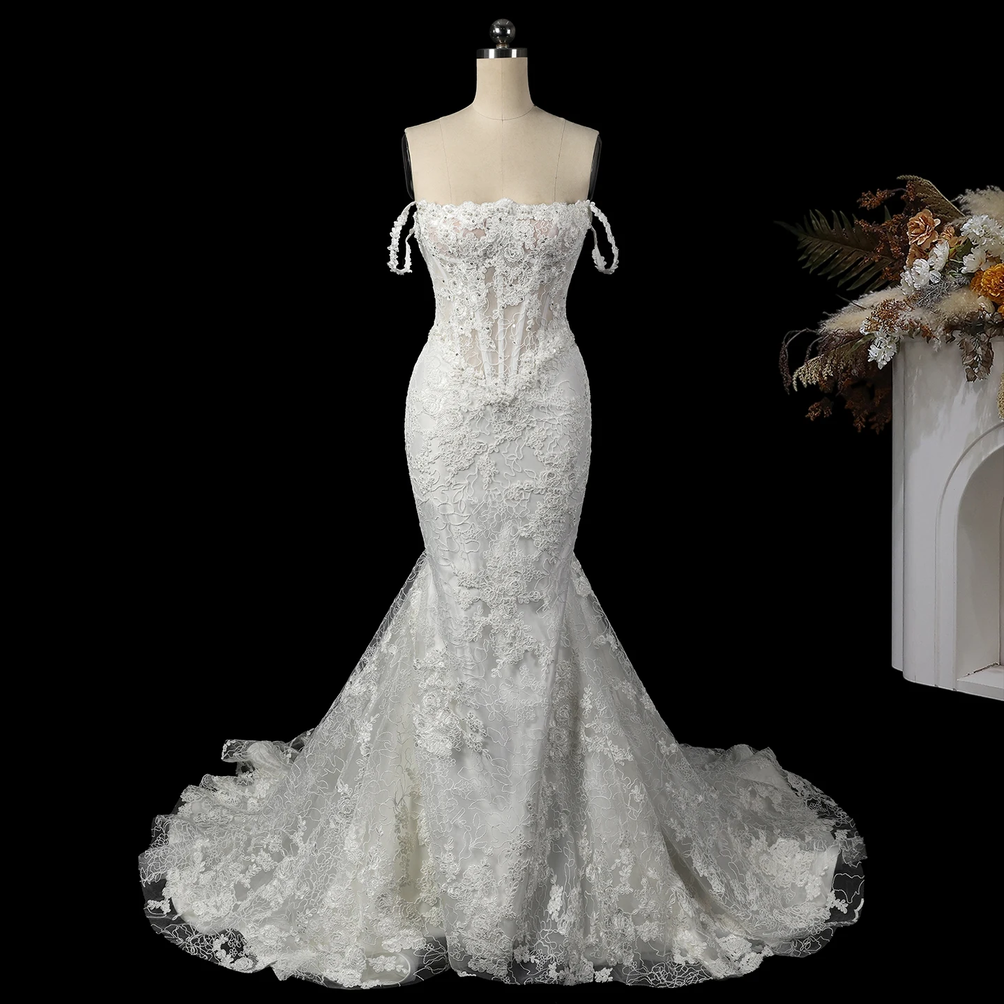 Sheer Fairy Wedding Dresses Elegant Off Shoulder Tulle Sheer Floral Appliques Backless Corset Dubai Bridal Gown SW758 Customized
