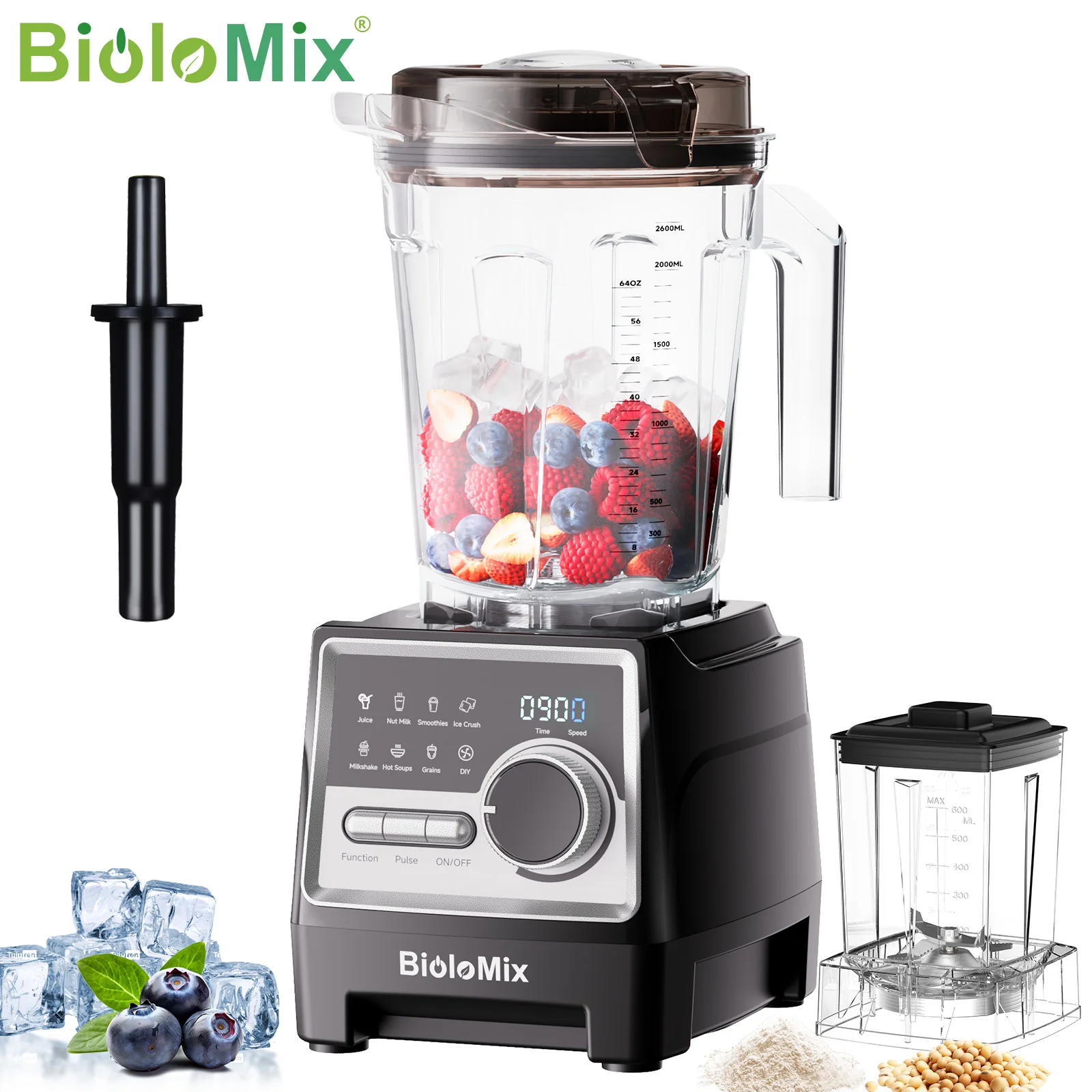 Licuadora profesional BioloMix de 1500 W con tarro sin BPA de 2,6 L, 6 cuchillas, 7 programas preestablecidos para batidos, batidos, leche de nueces