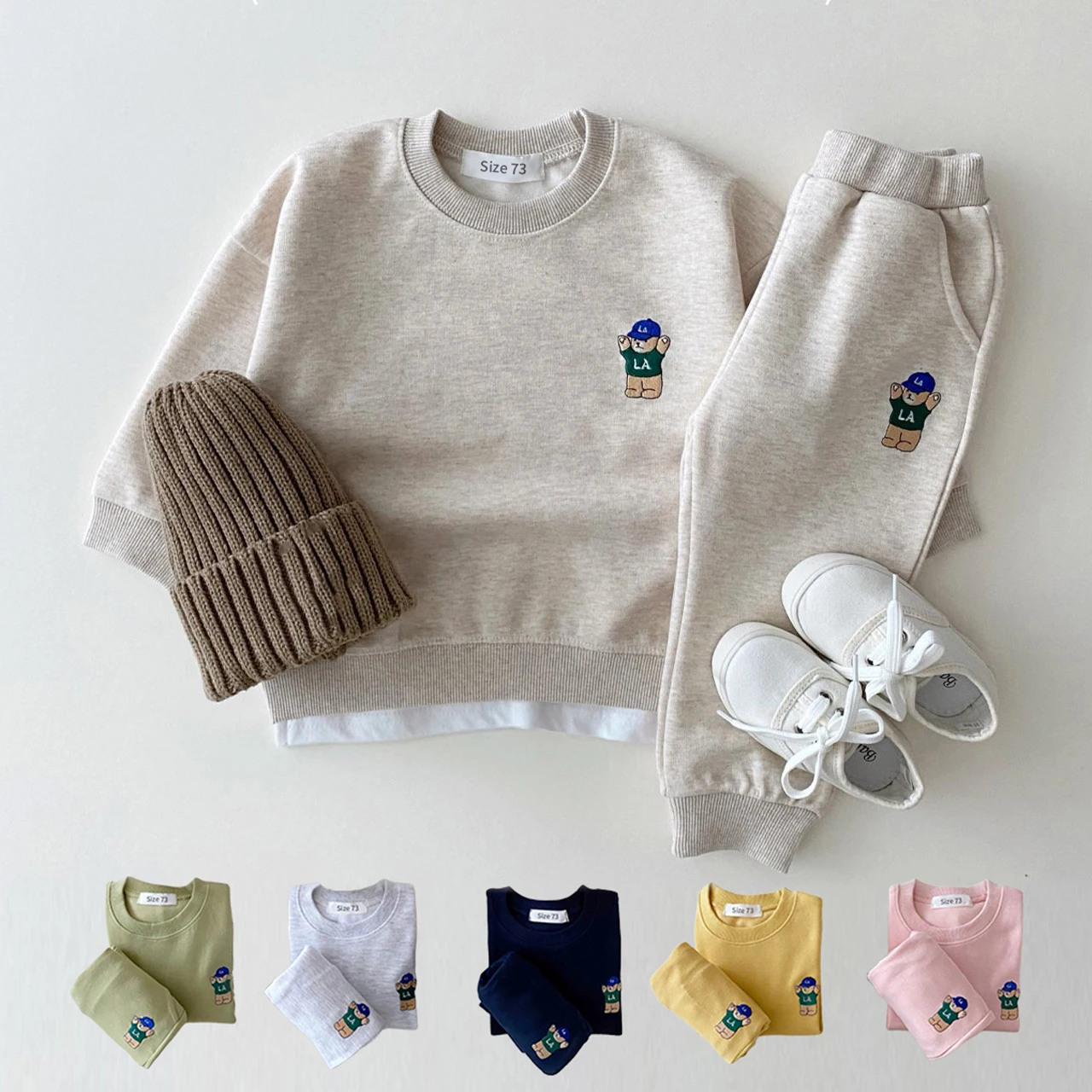 Korea Toddler Baby Boys Gilrs Clothes Sets Basic Cotton Embroidered Bear Sweatshirt+Jogger Pants Set  Kids Sports Suits Outfits