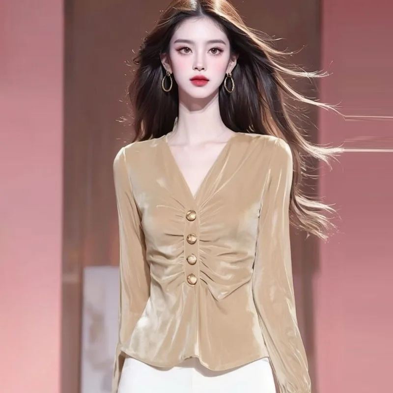 Nouveau Automne et hiver plissé bouton taille velours épissé chemise tempérament Design haut
