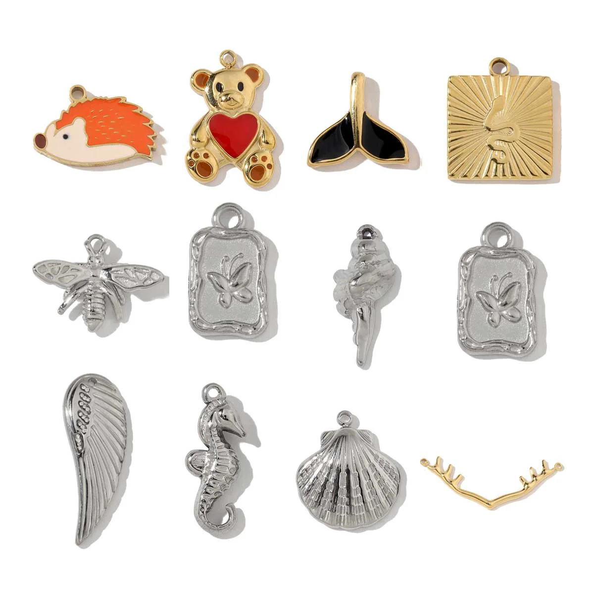 3pcs/Lot French style Stainless Steel Hedgehog Mermaid Charms Bear Wings Seahorse Dog Necklace DIY Small Pendant Wholesale