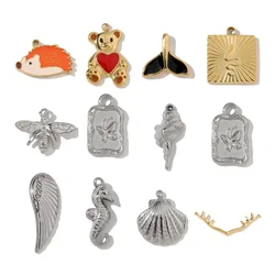 3pcs/Lot French style Stainless Steel Hedgehog Mermaid Charms Bear Wings Seahorse Dog Necklace DIY Small Pendant Wholesale
