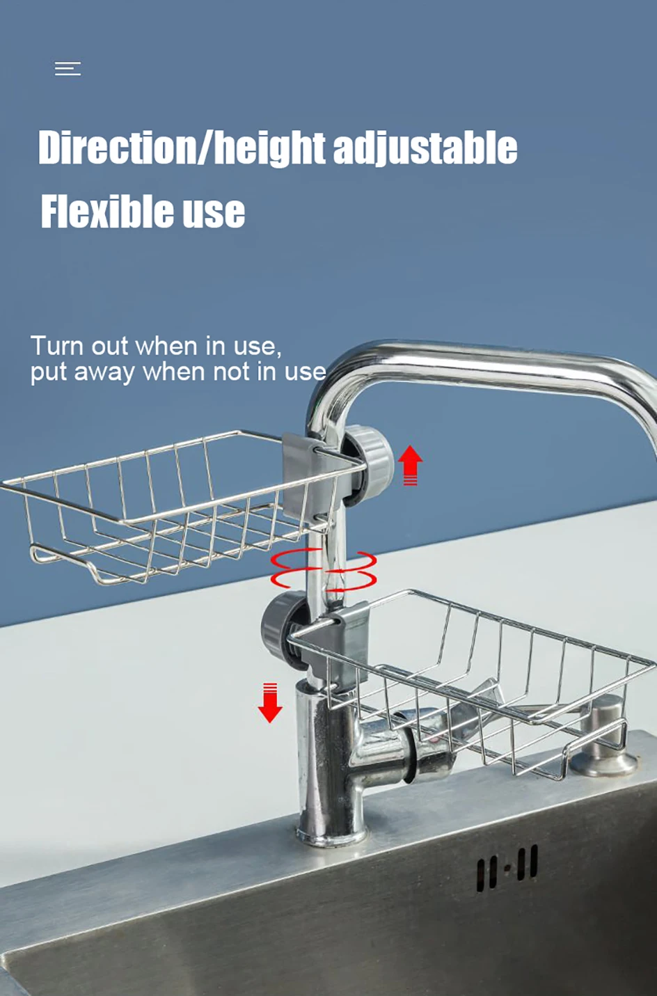 Hängendes Wasserhahnregal, höhenverstellbar, flexibel und drehbar, Abflusshalter für Küchenspüle, geeignet für Seifenschwämme, Bürsten – Detail 4