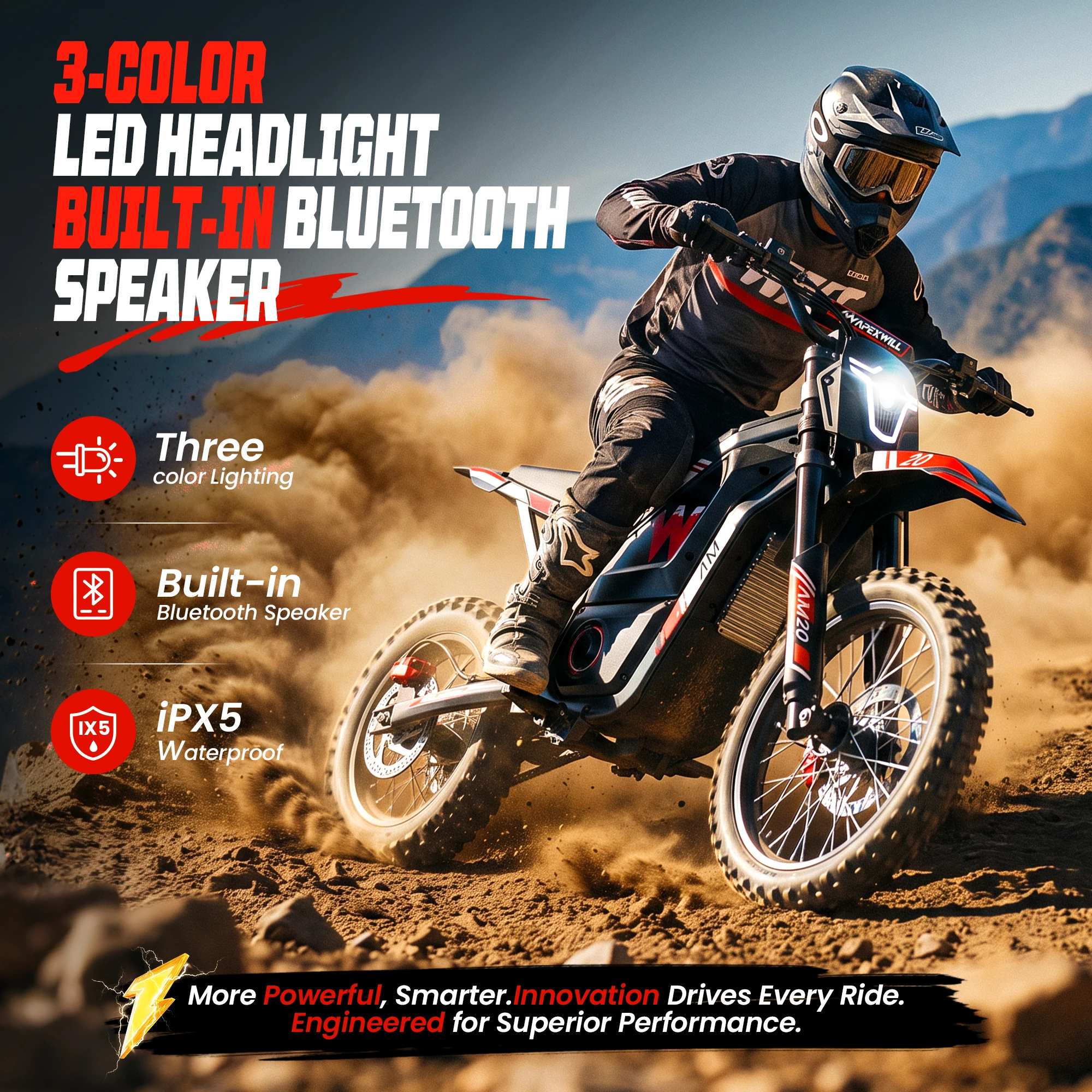 AM20 Electric Dirt Bike, 40MPH 4000W Peak Motor Electric Motorcycle for Teens, 48V 24Ah Battery 50‑Mile Ranges E Dirt Bike, Signature Headlights & Built‑in Speaker Off‑Road Dirt Bike
