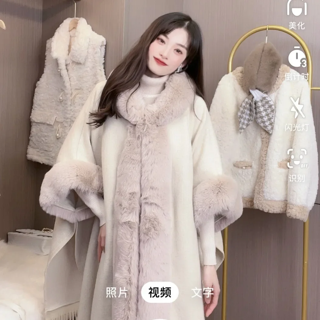 Hot Thick Elegant Solid Color Poncho Cape Shawl Winter New Rabbit Fur Collar Hooded Large Size Woolen Coat for Women