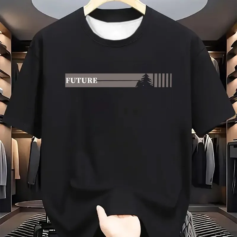 تي شيرت كاجوال بأكمام قصيرة ورقبة دائرية مطبوعة بنمط حروف المستقبل، فضفاض، مريح، مسامي، سريع الجفاف