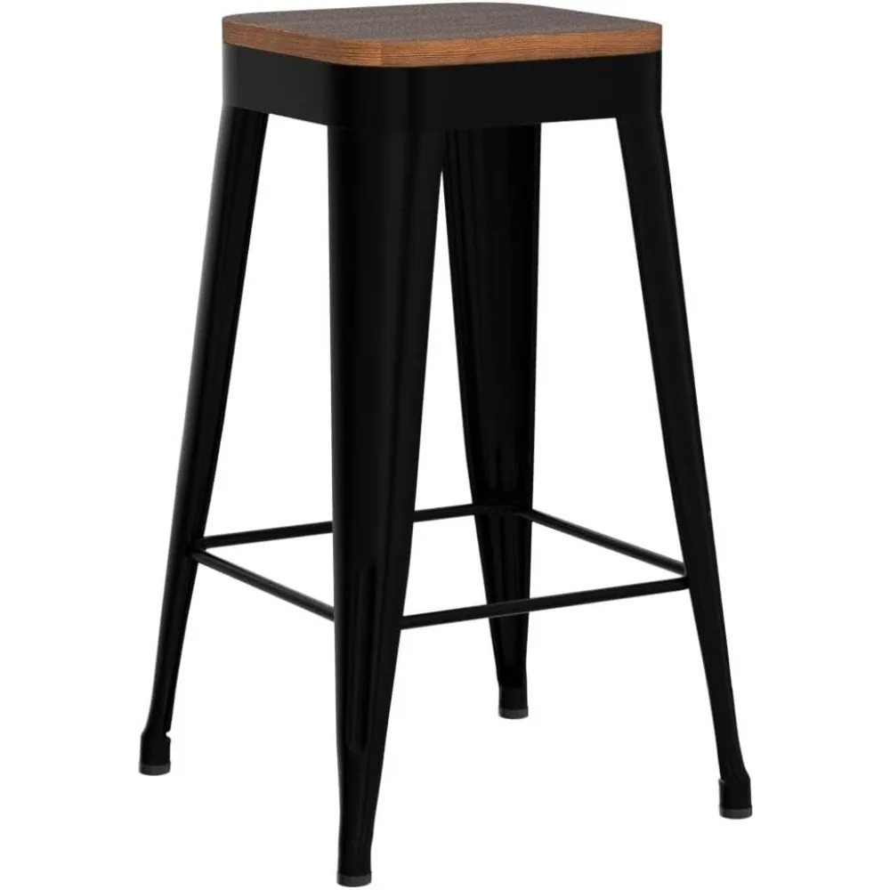 현대적인 금속 바 의자 4개 세트, 카운터 높이 30, 검정색, 나무 시트, 현대식 주방용 등받이 없는 바 의자