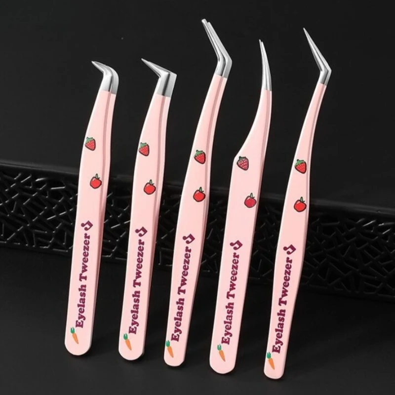 

3D Strawberry False Eyelash Tweezers Stainless Steel Anti-static Pincet Curved Strip Lashes Extension Tweezer Makeup Beauty Tool