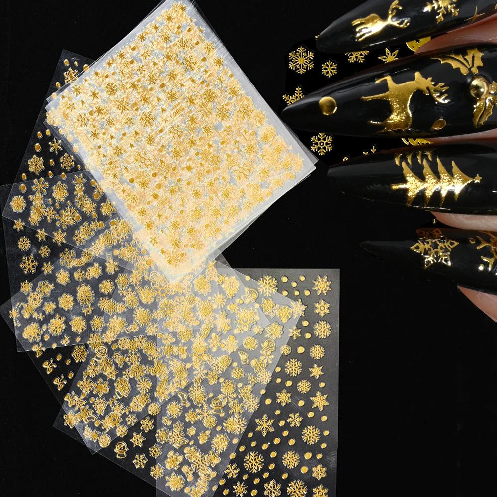 12Pcs Gold Bronzing 3D Christmas Nail Art Sticker Winter Snowflake Elk Adhesive Slider New Year Xmas Decals Manicure Decoration