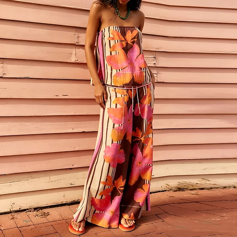 Sexy Strapless Sleeveless Top & Wide Leg Pant Set Fashion Flower Print Loose Vacation Suit Elegant Backless Long Pant 2Pc Outfit