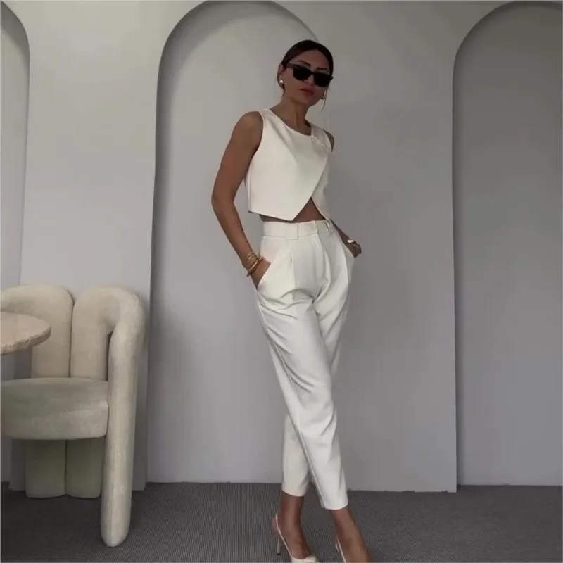 New Women Solid Color Casual Two Piece Set O-neck Sleeveless Zip Button Tops Straight Trouser Vest Suits Elegant Office Clothing